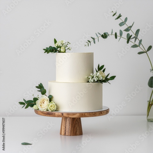 Elegant Two-Tiered White Cake Adorned with Fresh Greenery and White Roses