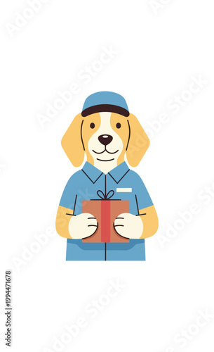 Dog delivering gift in uniform isolated illustration