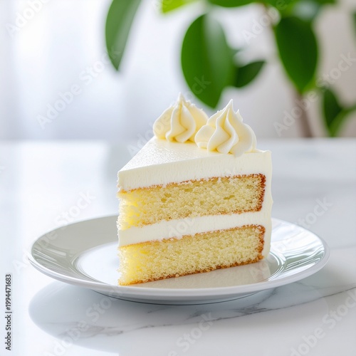Slice of delicious vanilla cake with white frosting