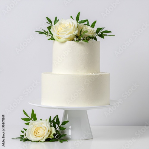 Elegant Two-Tiered White Wedding Cake with Roses