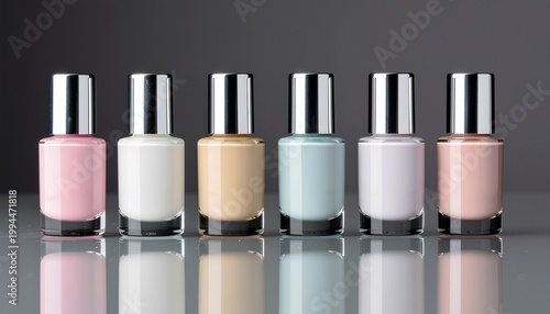 Pastel Nail Polish Bottles Lined Up On Reflective Surface
