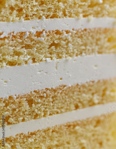Close-up view of delicious layered cake with creamy frosting
