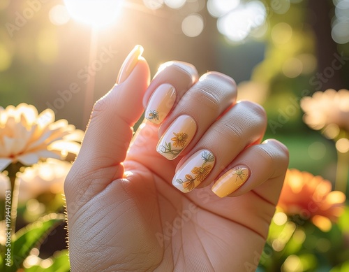 Beautiful Woman's Hand with Floral Nail Art in Sunlight