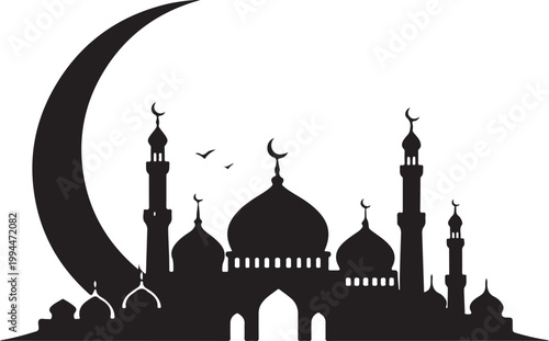  Mosque silhouette with crescent moon