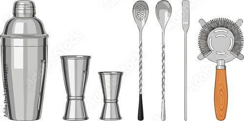 Professional stainless steel barware set vector, chrome cocktail shaker and jigger collection, mixology tools with long bar spoons and hawthorne strainer