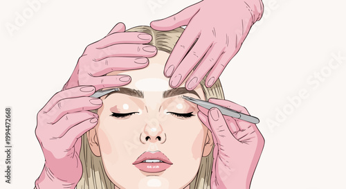 Professional eyebrow microblading procedure vector, aesthetician hands in pink gloves shaping brows, permanent makeup beauty salon illustration