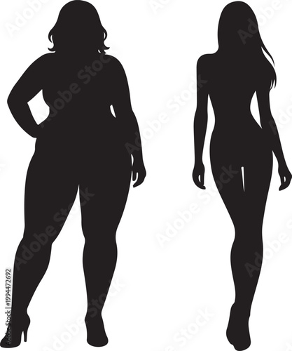 Two female figures depicted in contrasting body shapes one with a fuller figure and the other slender presented as a silhouette vector
