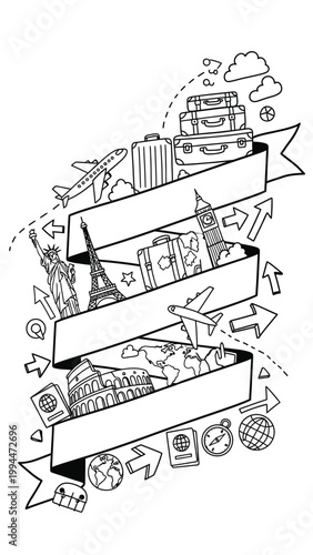 A whimsical black and white illustration of travel and adventure, featuring iconic landmarks, luggage, and transportation.