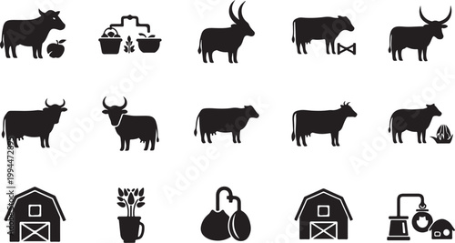 Farm Animals and Equipment Silhouette Icons Set