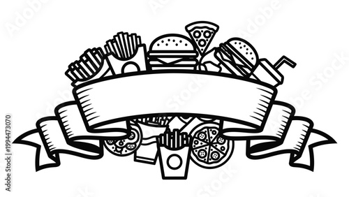 A black and white illustration of a banner with various fast food items like burgers, fries, and pizza arranged around it.