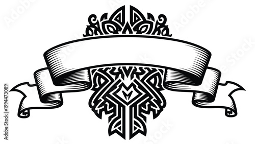 Ornate black and white banner with intricate knotwork and decorative flourishes, perfect for titles or headings.