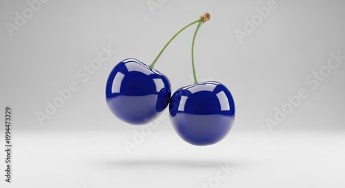 Two glossy blue cherries hanging from a single green stem representing unique natural fruit variations for culinary projects and artistic food displays demonstrating unusual botanical color