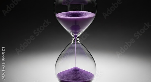 Purple sand flows through a glass hourglass representing the constant passing of human life and the inevitable progression of time as moments disappear forever while measuring intervals of