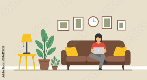 A woman comfortably works on her laptop from a cozy brightly decorated living room setting