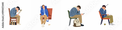 Vector set of a tired young man sleeping and resting in different sitting poses while traveling, waiting, or studying.