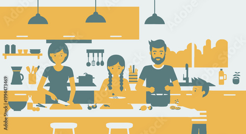 Family cooking together in a kitchen preparing food with overhead lighting
