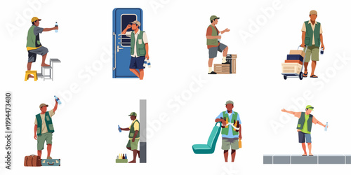 Collection of flat vector illustrations depicting a street vendor selling water and drinks in various transport and station-related settings.