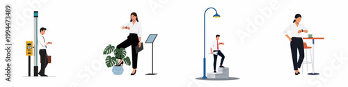Collection of business people in flat vector style checking their wristwatches in various settings like a cafe, street, and office.