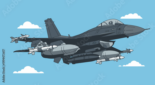 Jet fighter aircraft flying in sky with clouds illustration