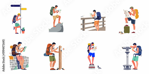Collection of flat illustrations showing young male travelers and hikers using maps and smartphones for navigation during their outdoor adventures.
