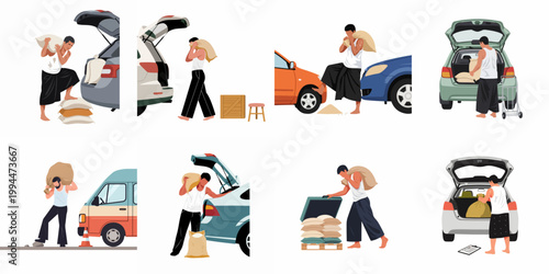 Collection of illustrations featuring a manual laborer loading and unloading heavy sacks of grain into various vehicles, emphasizing physical labor and logistics.