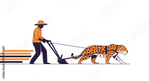 Man plowing field with leopard illustration conceptual farming design