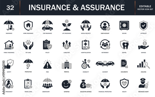 Insurance and assurance icon set. Containing healthcare medical, life, car, home, travel insurance icons. Solid icons vector collection.