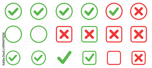 Checkmark and x symbols in colored frames a visual assessment