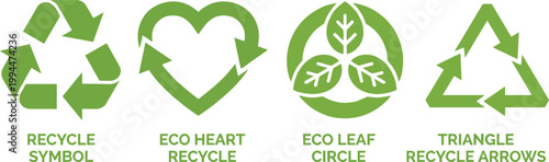 Recycle vector icon set. Arrows, heart and leaf recycle eco green symbol. Rounded angles. Recycled signs vector illustration