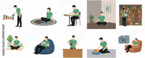 Simple Flat Illustration Set of Man Performing Various Daily Home and Leisure Activities