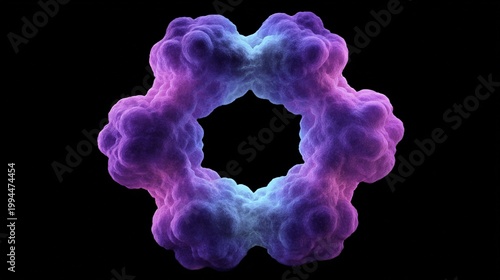 Abstract molecular structure with purple and blue hues forming a ring shape against a black background