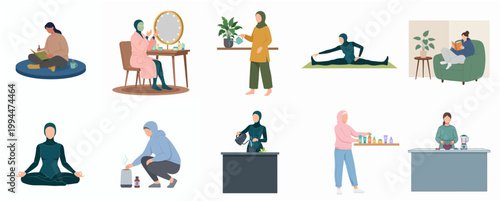 Modern Flat Design Illustration Diverse Woman Daily Life Routine Hobbies and Self Care Activity Collection