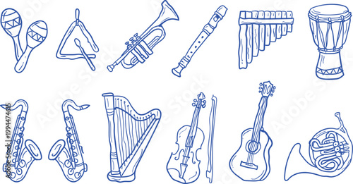 Hand drawn doodle set of twelve musical instruments including maracas, trumpet, saxophone, harp, violin, guitar, and djembe drum