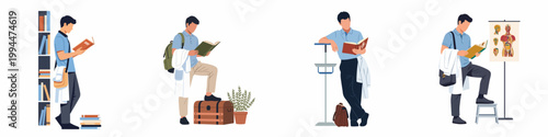 Set of medical student characters in various poses reading books and studying anatomy in a flat illustration style isolated on white background.