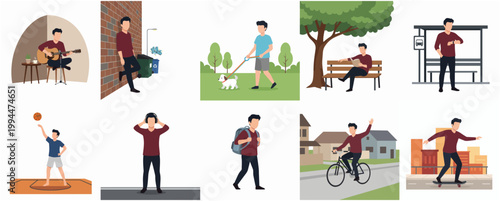 Flat Design Illustration Set of Young Man Daily Activities and Urban Lifestyle Concept Collection