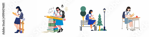Set of illustrations depicting a schoolgirl in various educational settings, including studying at a desk, writing outdoors, and solving mathematical problems.