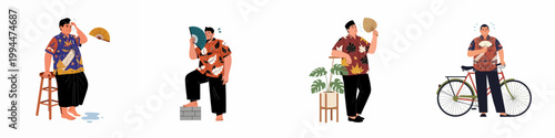 Illustrations of an Indonesian man wearing traditional batik clothing, suffering from extreme tropical heat and sweating in various everyday situations.