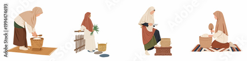 Set of illustrations depicting Muslim women in traditional attire engaged in rice harvesting and food preparation tasks.