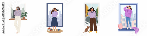 Set of four illustrations featuring a female photographer in different indoor settings, capturing city views and moments by a window.