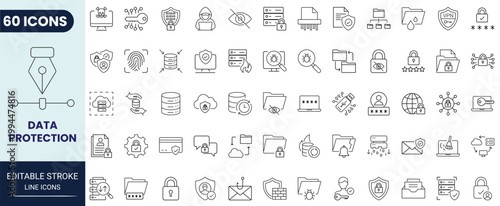 Data protection icon set in outline style. Editable stroke. Vector icon collection.