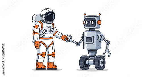 Astronaut and robot shake hands illustration on white background