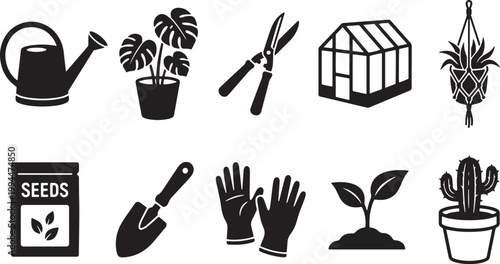 Gardening tools and houseplant icon set showing watering can shears greenhouse and potted plant icons.