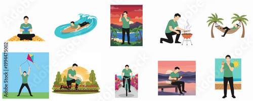Modern Flat Design Man Enjoying Diverse Outdoor Leisure Activities Summer Hobbies Set Illustration Pack