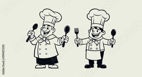 Two Cartoon Chefs Holding Utensils Smiling.