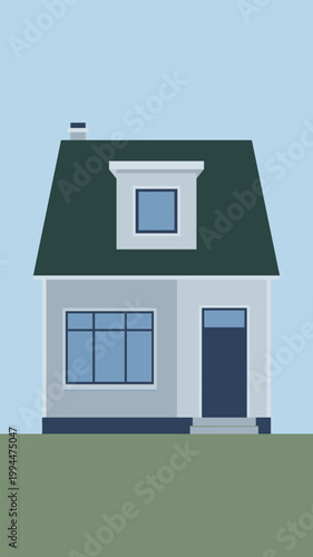 Modern Residential House Exterior with Dark Green Roof, Blue Windows and Grey Walls, Minimalist Suburban Home Architecture for Architectural Design, Real Estate Marketing, Property Development, House