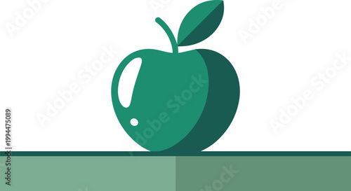 Vibrant Green Apple with Leaf Sitting on a Modern Minimalist Shelf, Clean Design, Healthy Eating Concept, Organic Fruit Illustration, Studio Shot, Simple Graphic Element, Food Nutrition Symbol, Dietin