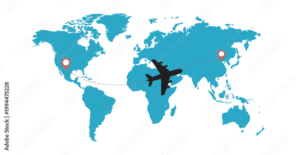 Fototapeta premium Aircraft route on map flat concept vector illustration, airplane flight path between locations, travel navigation line route, aviation journey for website mobile presentation design