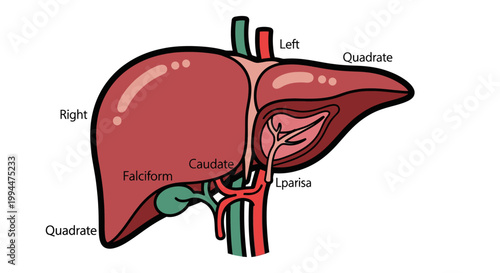 Medical illustration of a human liver with labeled anatomical sections
