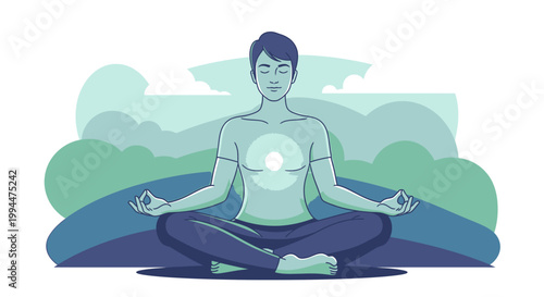 Meditating figure in nature vector illustration for relaxation and wellness