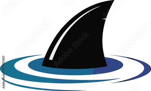Dominant black shark fin emerges from deep blue rippling water, symbolizing power, danger, marine life, and adventure; ideal for websites, logos, marketing, and aquatic themes, conveying a strong, dec